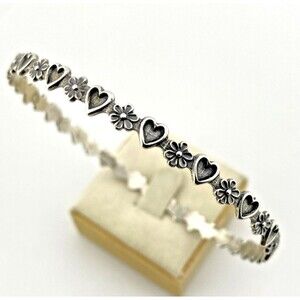 Vintage Beau Sterling Silver Hearts Flowers Bangle Bracelet 8 Inch MCM